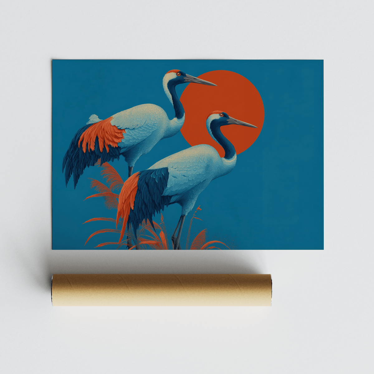 Detail close-up of Cranes artwork with a pair of cranes in blue and orange with a red sun and packaging tube