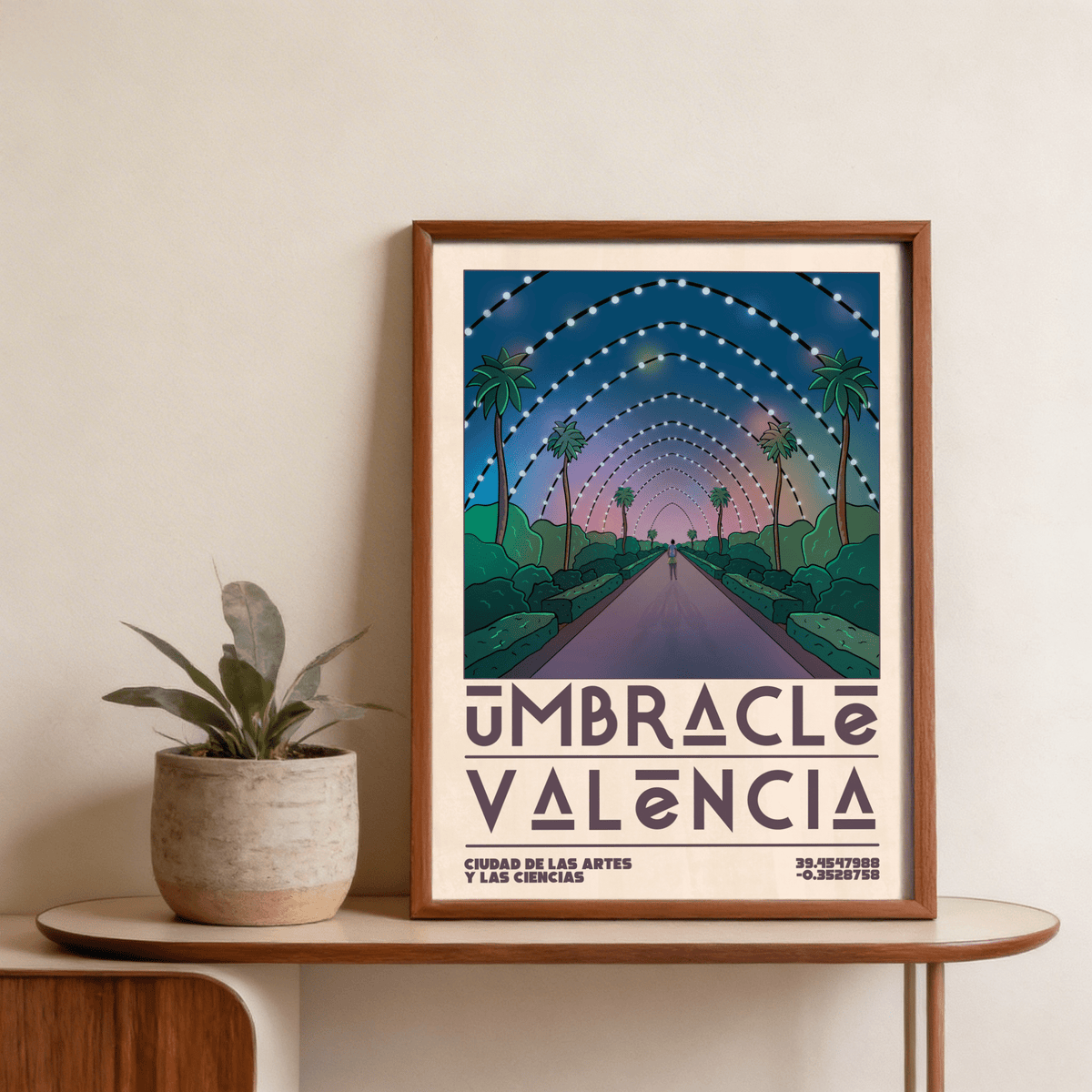 Poster Valencia framed print of a Spanish pathway with arches and string lights leaning on a shelf with plant pot