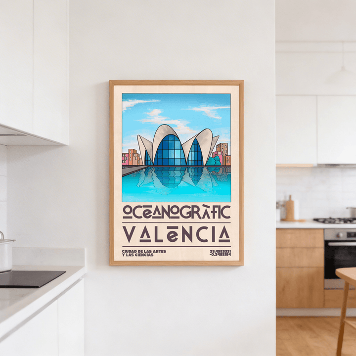 Print of Valencia Oceanographic Art Print with blue sky and reflections in a cream wall kitchen