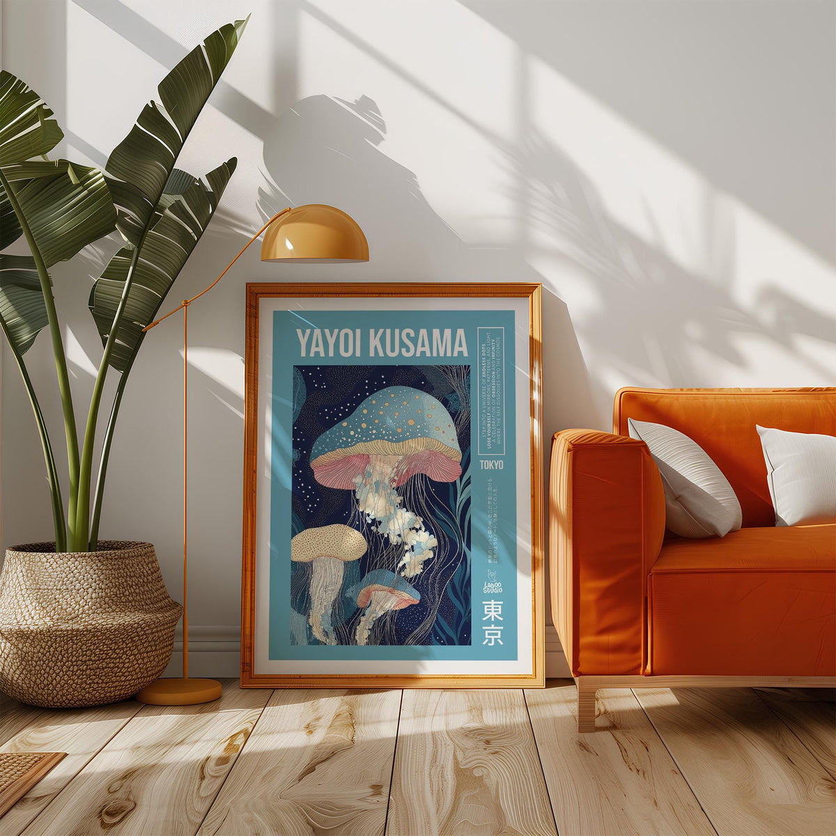 Unique Art Prints framed print of blue and pink jellyfish leaning on floor near orange sofa and plant