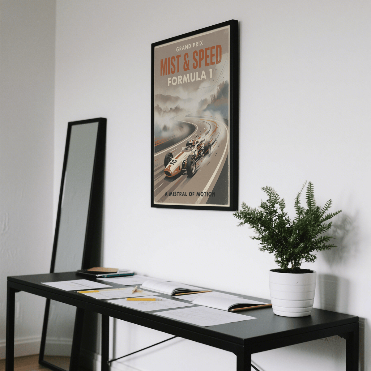 Retro-style motorsport poster with distressed border and halftone texture on curved road