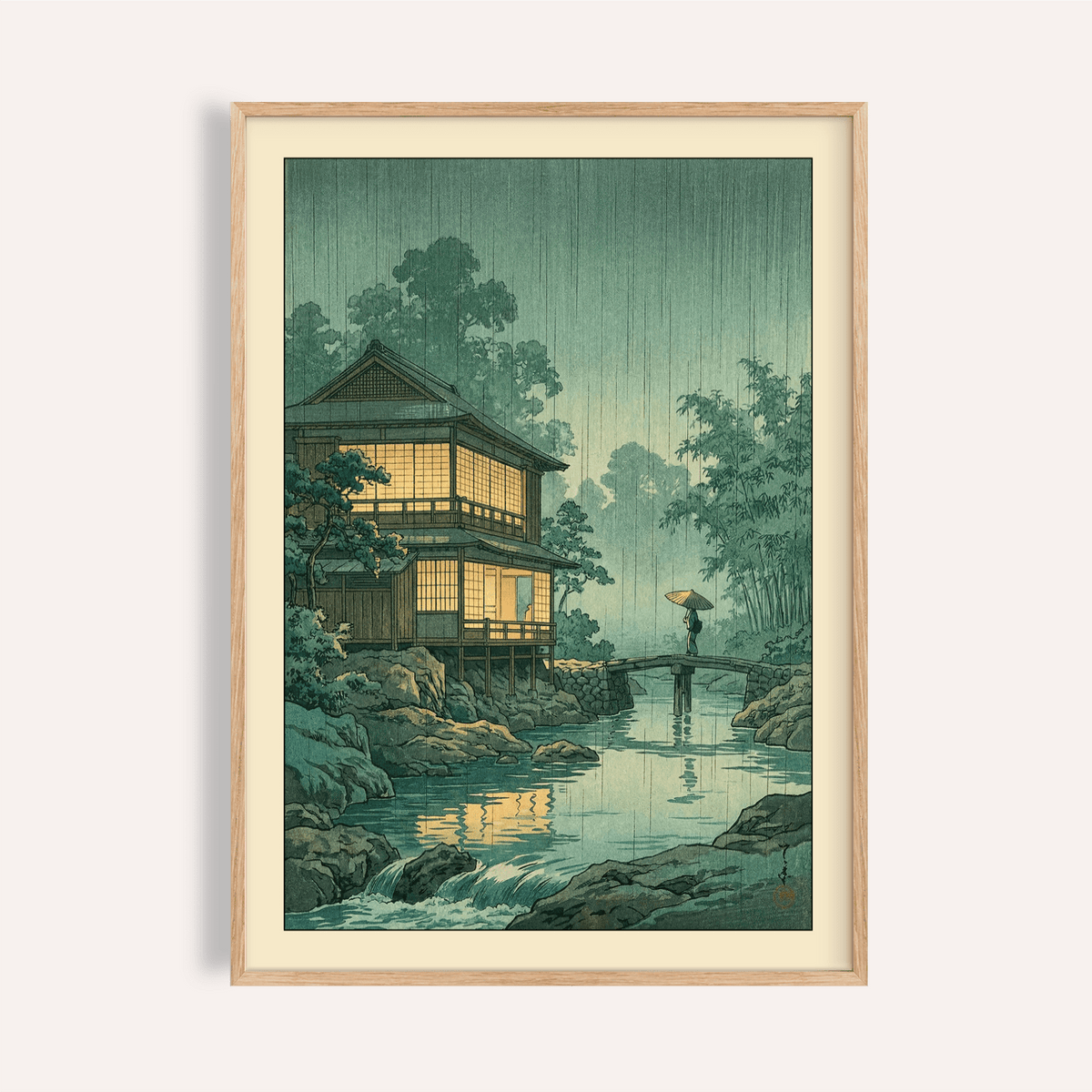 Framed print close-up of Japanese Landscape wall art showing a traditional house in rain with muted green and yellow tones