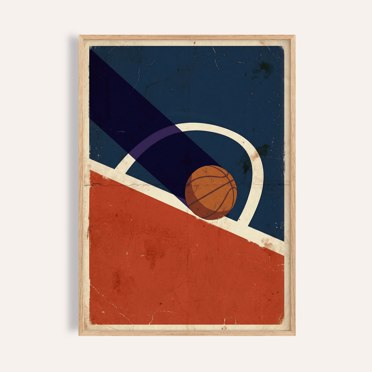 Framed print of vintage basketball poster with abstract blue and red design