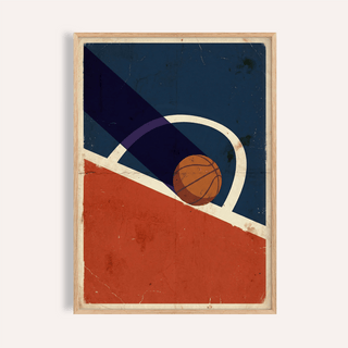 Framed print of vintage basketball poster with abstract blue and red design
