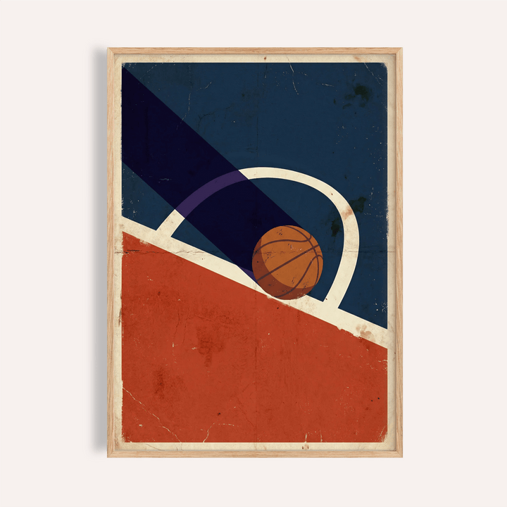 Framed print of vintage basketball poster with abstract blue and red design