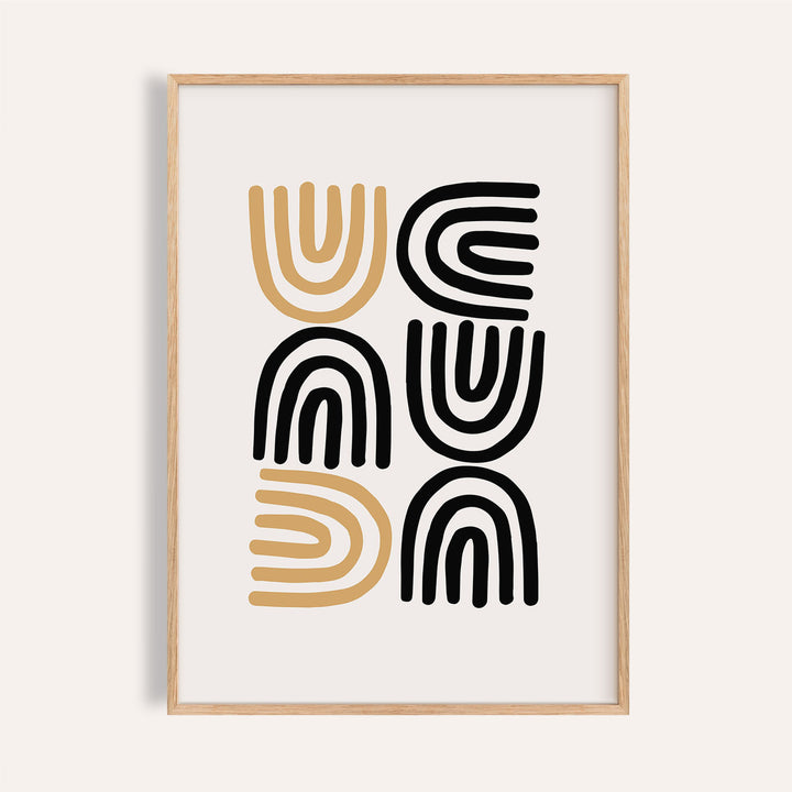 Black and Gold Pictures minimalist abstract arches in black and gold in a wooden frame