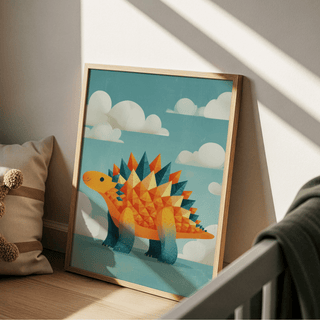 Cute Dinosaur Art Print leaning on a floor with sunlit wall and soft cushion nearby