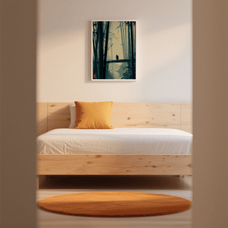 Japanese Bamboo Art Print showing samurai on a bamboo bridge in blue and green shades in a bedroom above a bed