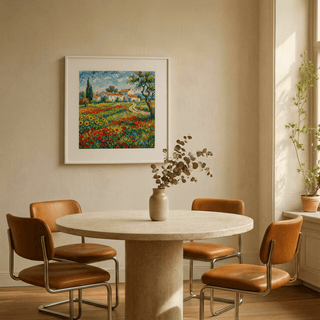 Van Gogh Painting framed print of a countryside cottage with flowers above a dining table with brown chairs