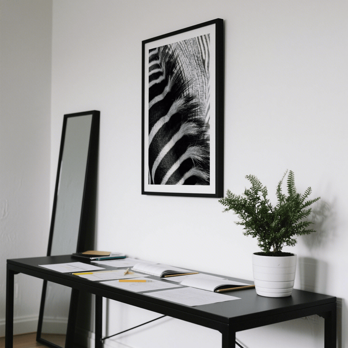 Zebra Stripe Art Print showing a close-up of zebra stripes in black and white above a black desk with papers and a plant