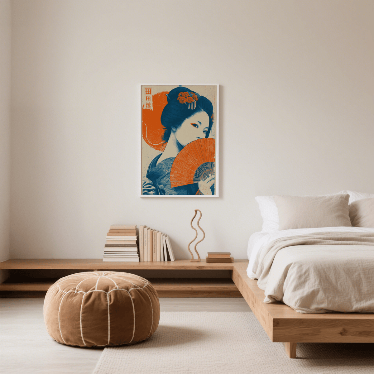 Geisha print on a bedroom wall above low wooden shelf with stacked books and a curvy sculpture