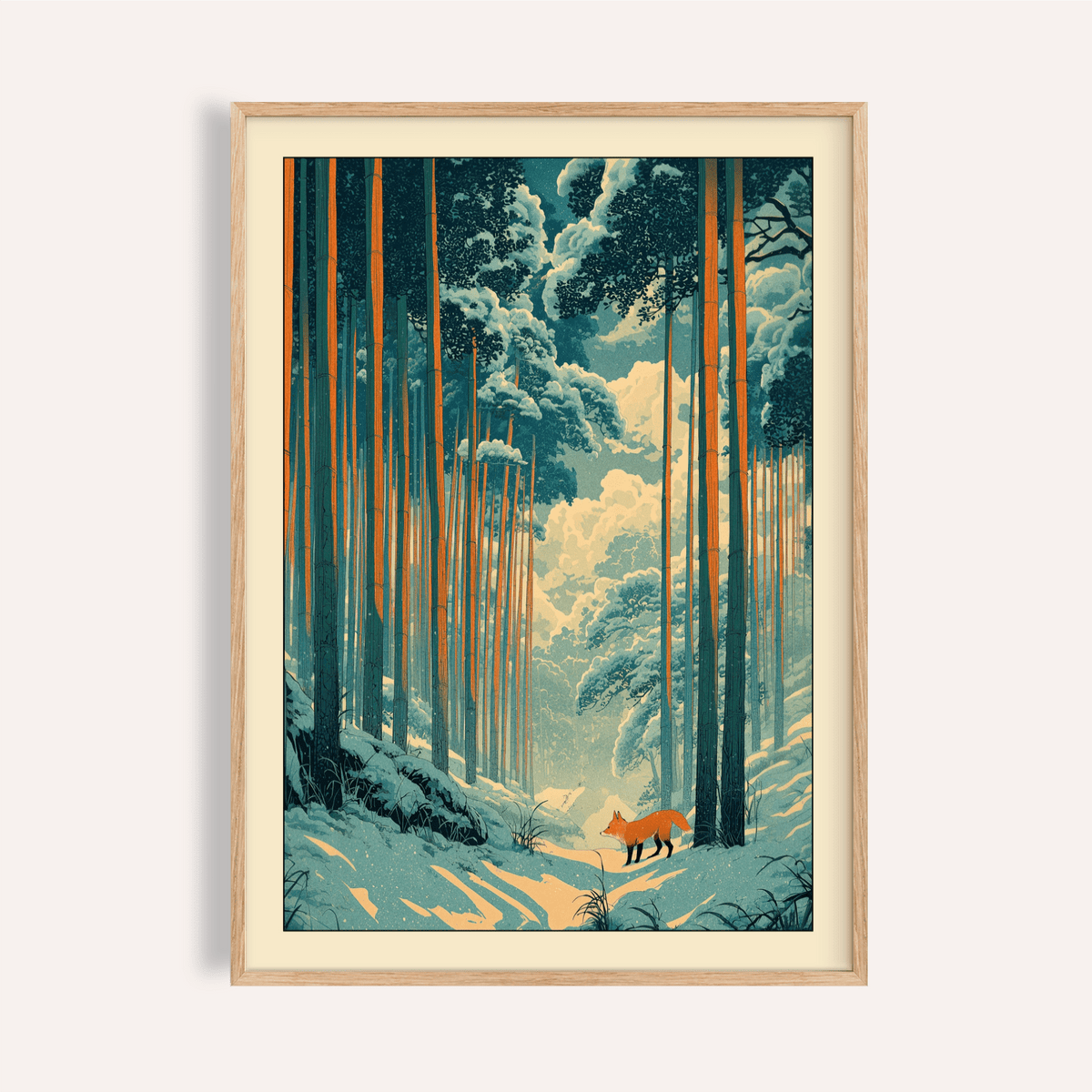Framed Japanese Fox Woodblock Print showing a red fox in a snowy forest with tall trees