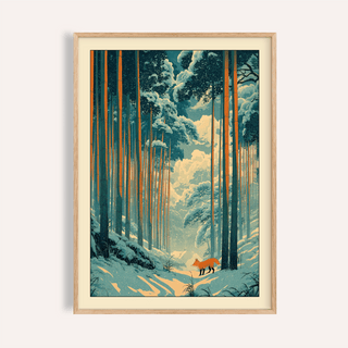 Framed Japanese Fox Woodblock Print showing a red fox in a snowy forest with tall trees