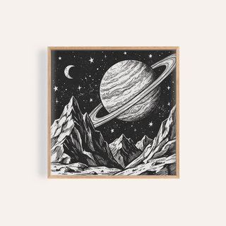 Framed Mountain Space Poster with mountain landscape and ringed planet in black and white