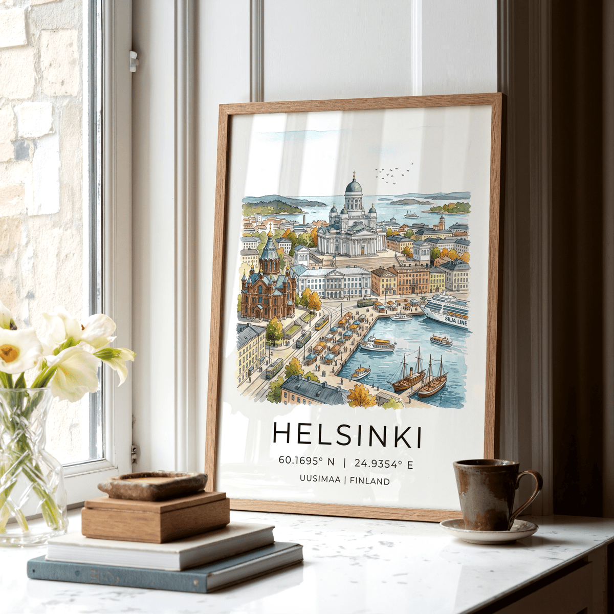 Helsinki Watercolor Art Print framed close-up with a cityscape in watercolour beside a window with flowers