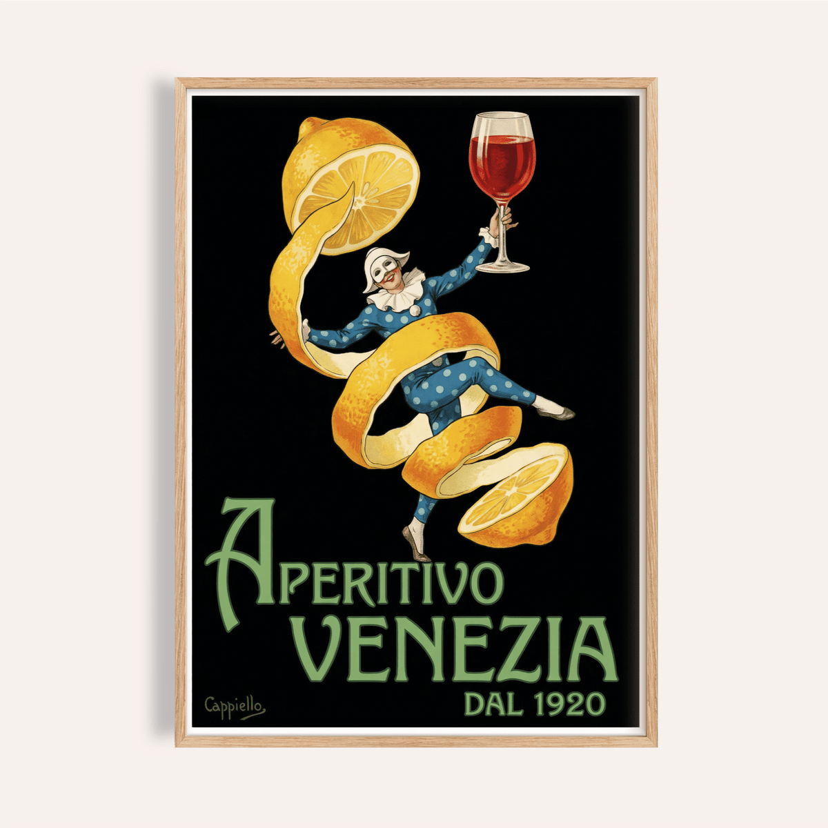 Vintage Aperitivo Print featuring apricot peel dancer in blue costume holding a glass