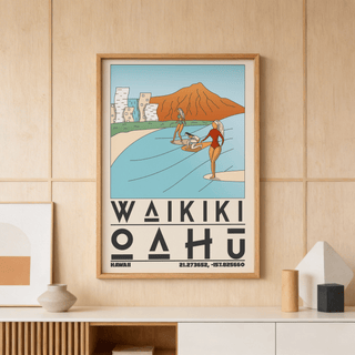 Framed Hawaii Travel Poster with Waikīkī Beach surfers in blue and orange tones displayed above wooden shelf with vases