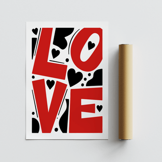 Typography Love Poster with red and black love typography beside a brown packaging tube