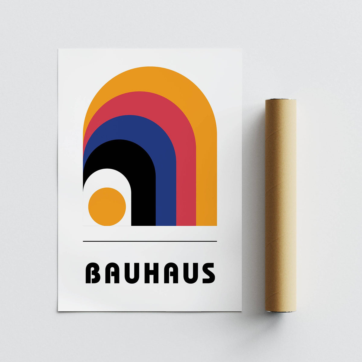 Bauhaus art posters print with colour arches and typographic style next to a packaging tube