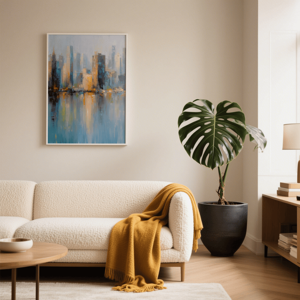 City Skyline Art Print framed on a living room wall with abstract blue and orange cityscape and a large green plant nearby