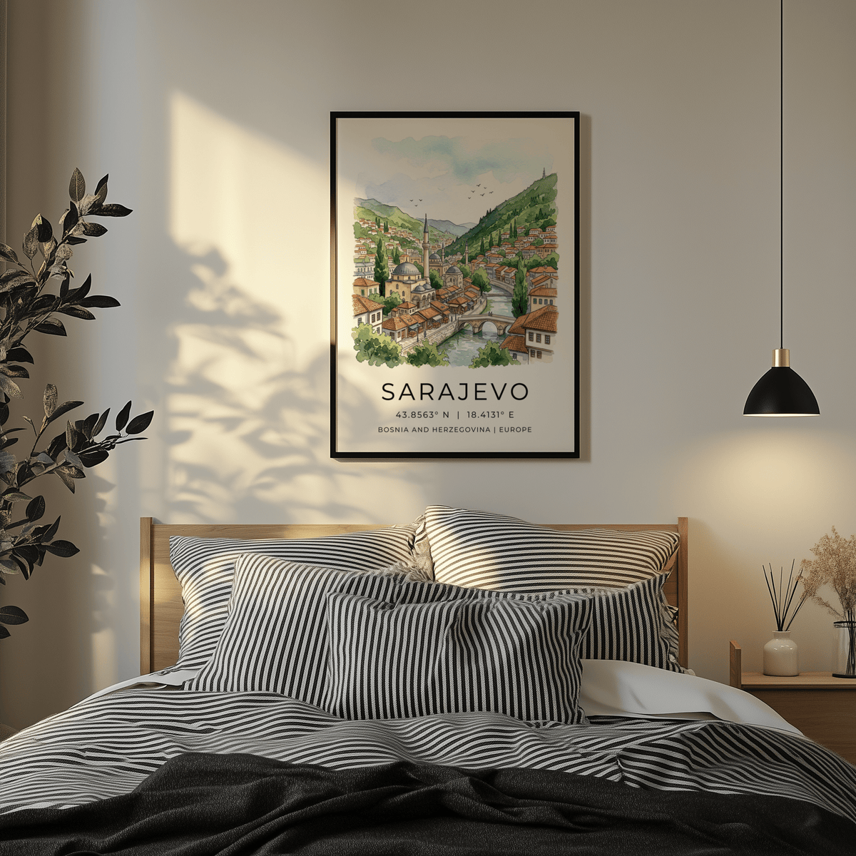 Sarajevo City Print framed print of a cityscape with river and mosque above a bed with striped pillows
