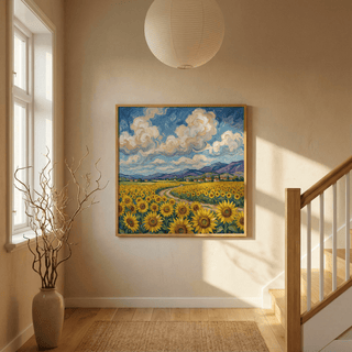 Sunflower Field Poster print of a yellow and blue sunflower field with curved path beside staircase