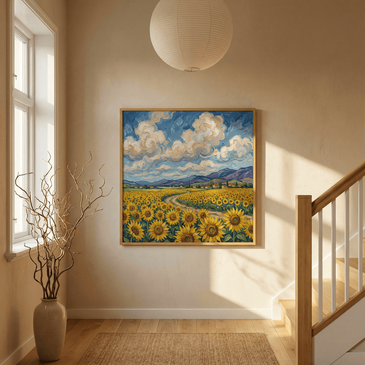 Sunflower Field Poster print of a yellow and blue sunflower field with curved path beside staircase