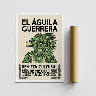 Rolled print beside Mexican eagle art showing an Aztec warrior illustration in green and black