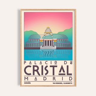 Framed Palacio De Cristal Print showing minimalist palace illustration with pink sky and blue water