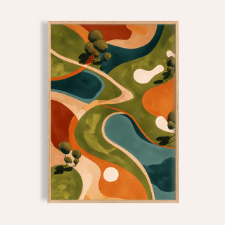 Framed Golf Abstract Wall Art with bold green, orange and blue shapes and tree details