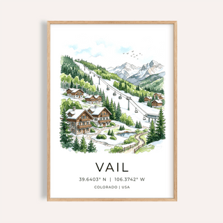 Framed print close-up of Vail Colorado wall art with green trees and mountain village in watercolour style