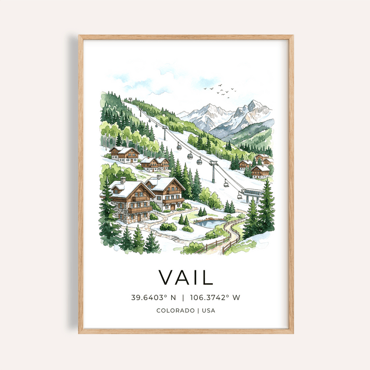 Framed print close-up of Vail Colorado wall art with green trees and mountain village in watercolour style