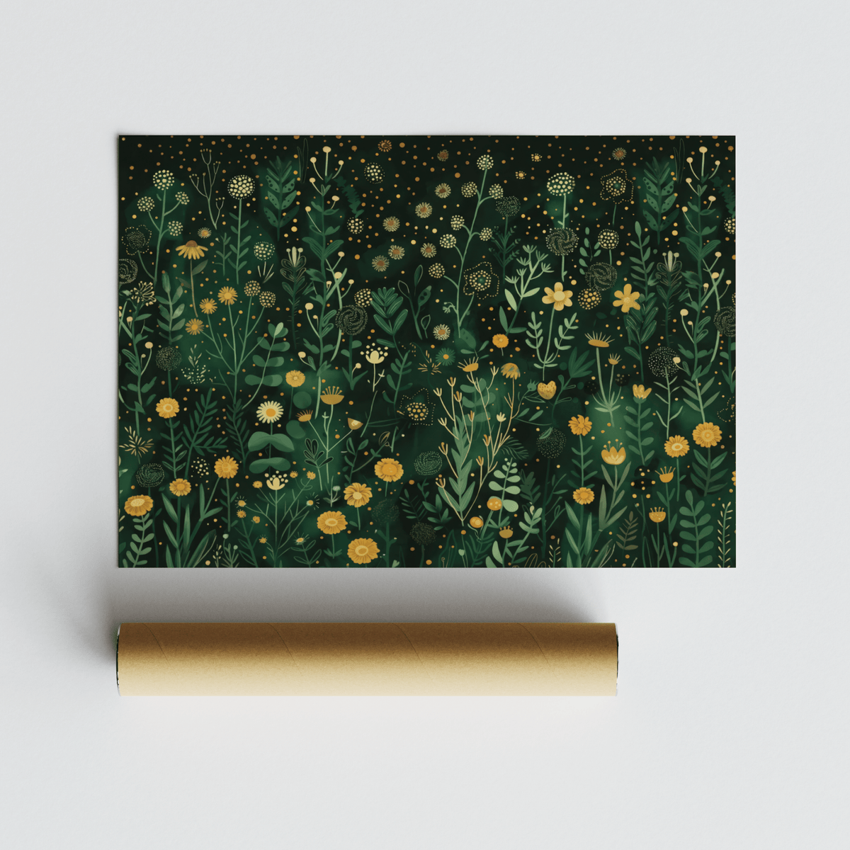 Wildflower wall art with detailed yellow wildflowers on a dark background with a packaging tube nearby