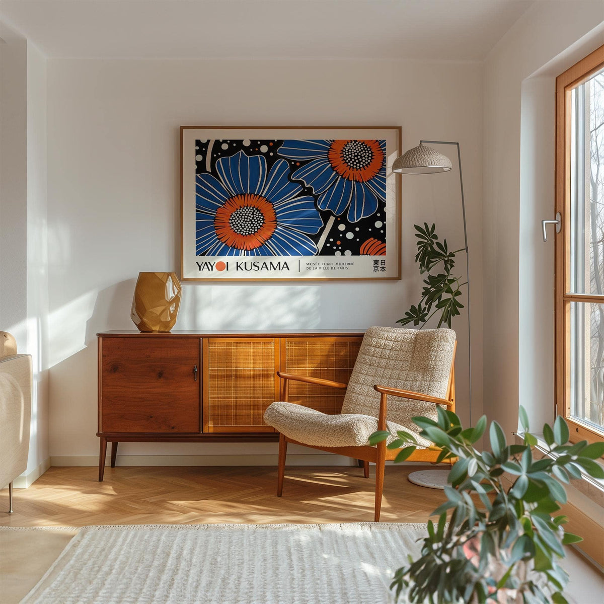 Unique Flower Art print with blue and orange flowers above a wooden cabinet in a living room