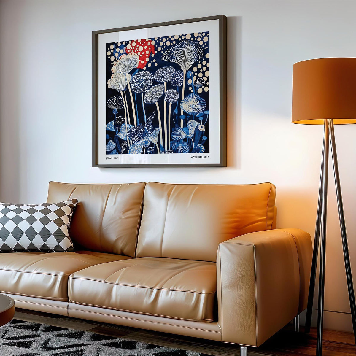 Red and Blue Art framed print of abstract mushroom shapes above a tan leather sofa with a patterned cushion
