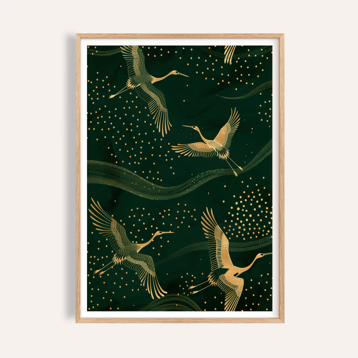 Framed print of flying cranes in gold on a dark green background with scattered gold dots