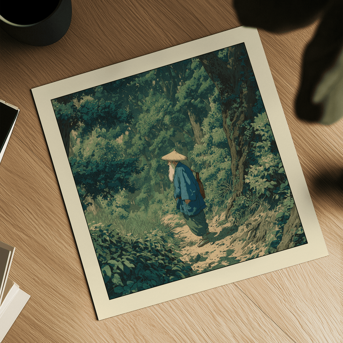Hasui Kawase Vintage Woodblock Style Print of old man in green and blue forest on wooden desk