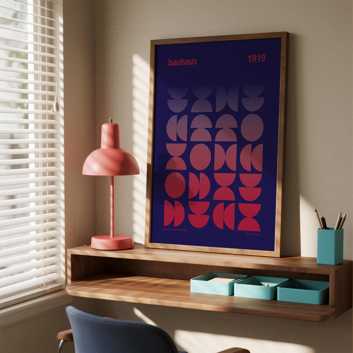Graphic Design Poster leaning on a wooden shelf with a pink lamp and blue trays in natural light