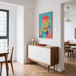 Vibrant floral wall art with yellow flowers and blue leaves above a sideboard in a dining area