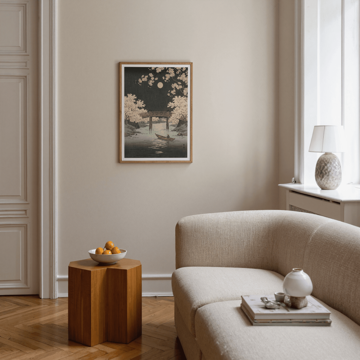 Cherry Blossom Art Print in a living room with a sofa and side table with a bowl of fruit