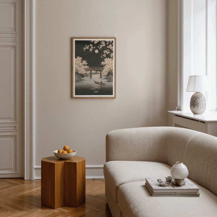 Cherry Blossom Art Print in a living room with a sofa and side table with a bowl of fruit