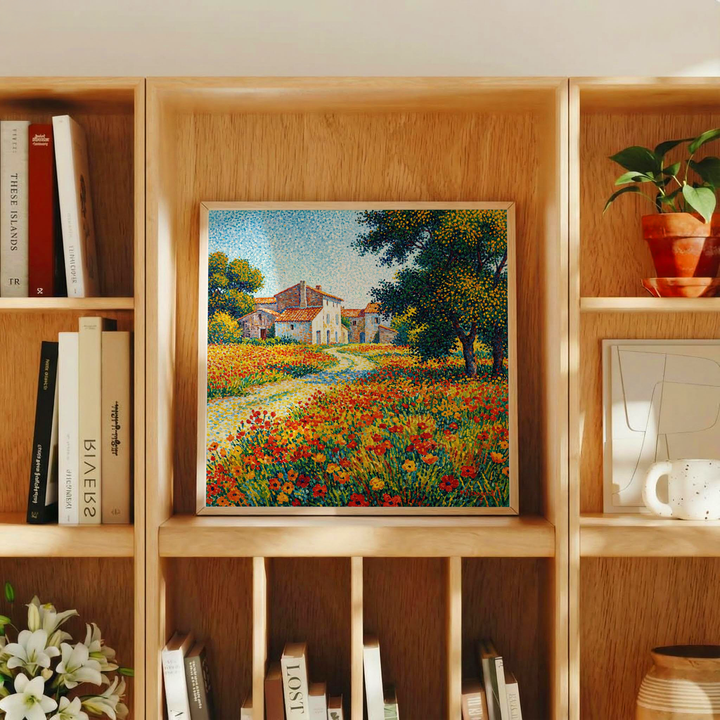 Flower Field Art Print leaning on a shelf with a terracotta plant pot and books around