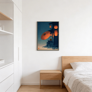 Japanese Night Scene wall art with red paper lanterns and umbrella above a wooden bedside table in a bedroom