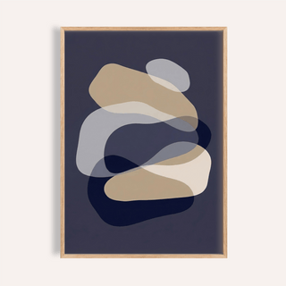 Framed Abstract Art Shapes print with overlapping beige and grey shapes on dark background