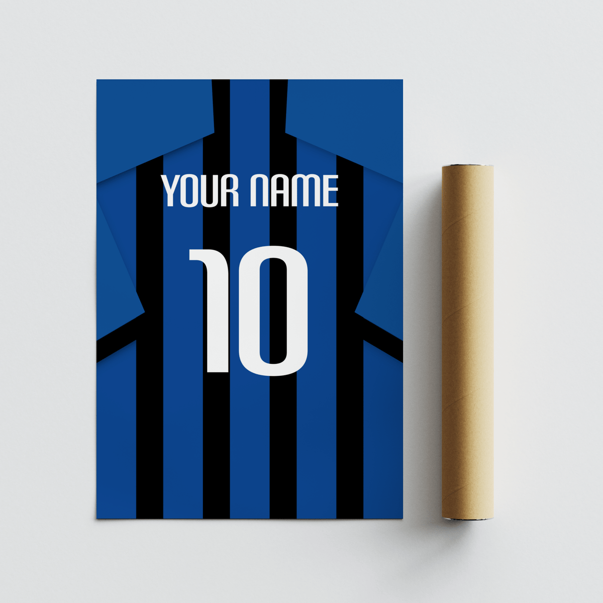 Custom football shirt print in blue and black stripes next to a packing tube