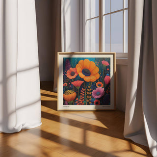 Japanese Modern Art print leaning on the floor with colourful petals and orange and pink flowers near a window
