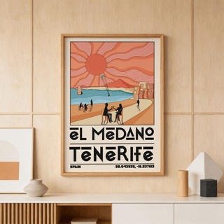 Framed Tenerife Travel Poster with sun and beach scene in retro style above decorative wooden shelf