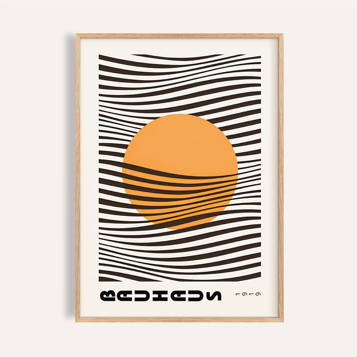 Bauhaus print showing an orange sun with black wavy lines in a minimalist style