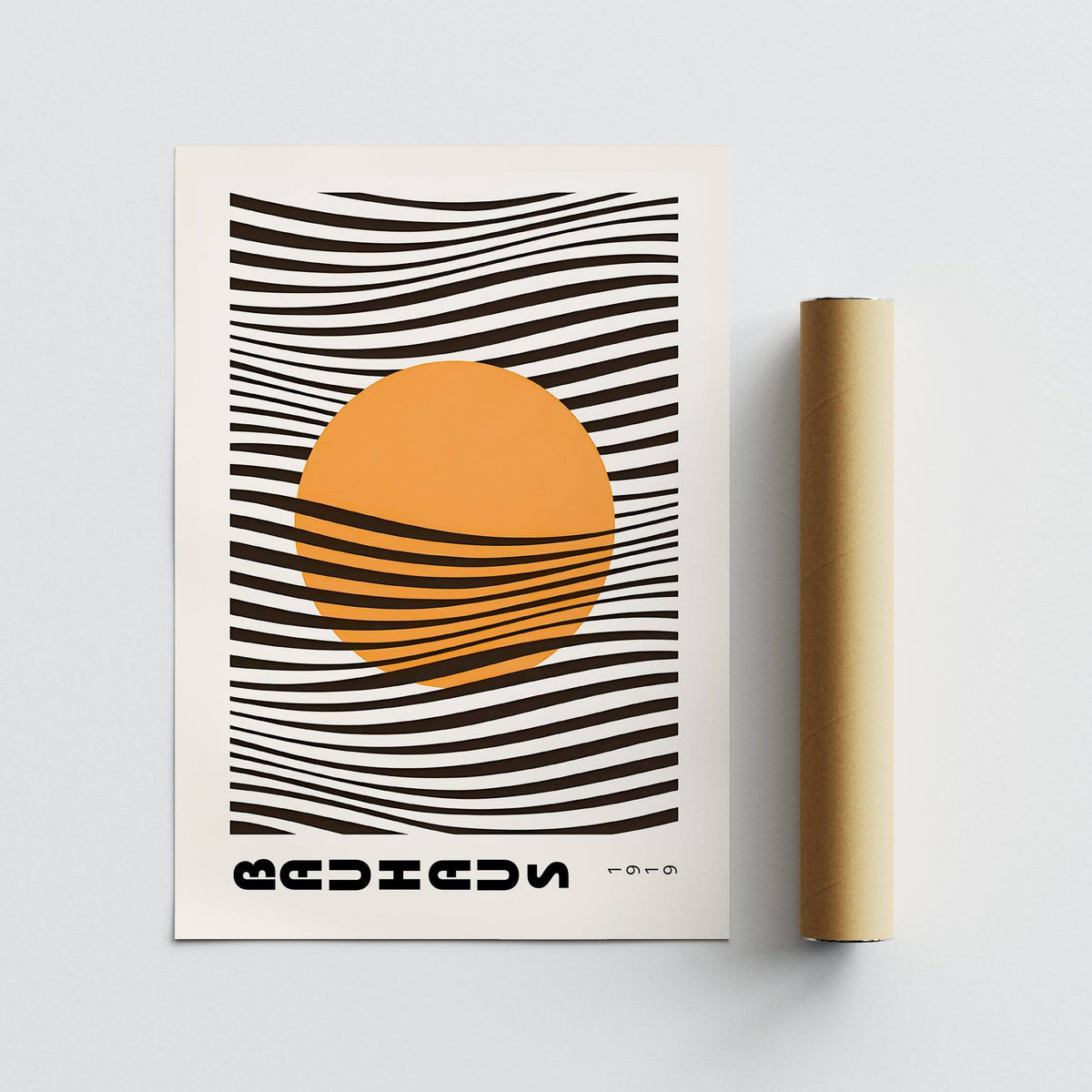 Bauhaus Print showing an orange sun with black wavy lines next to a packaging tube