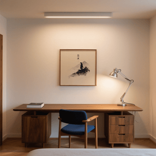 Samurai wall art in minimalist Japanese ink style above a desk with a lamp